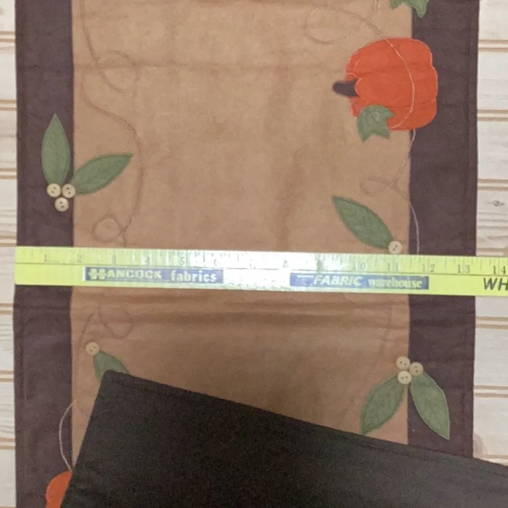 Autumn Fall Thanksgiving Pumpkin Leaves Faux Suede Table Runner Brown Tan Orange